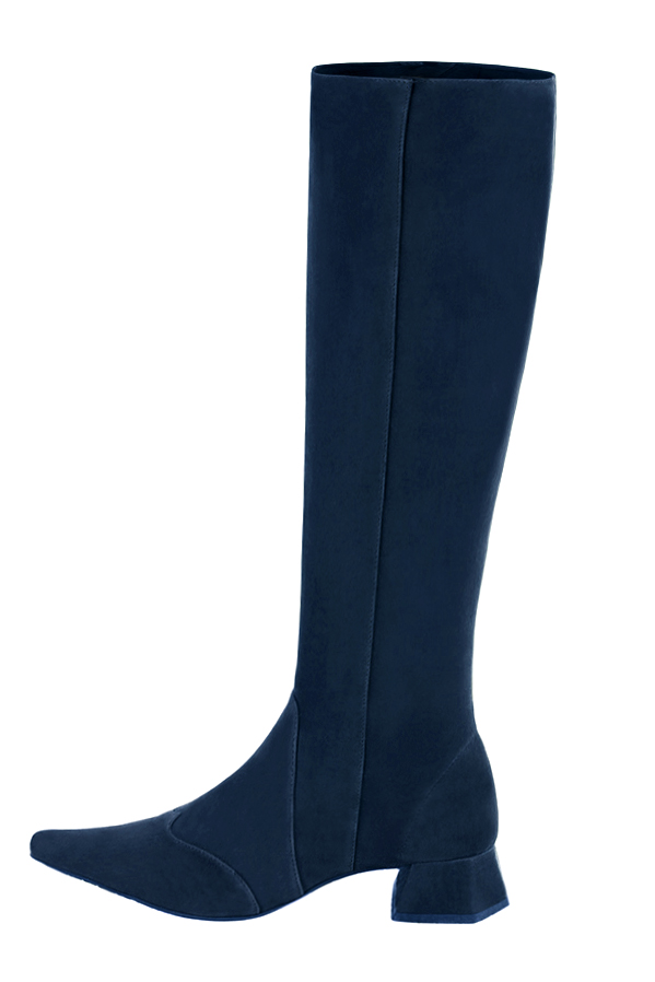 Navy blue feminine knee high boots. Pointed toe. Low flare heels